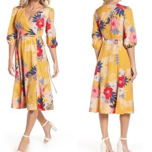 Eliza J yellow floral faux wrap dress size 18